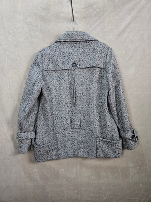 MODA INTERNATIONAL Women's Black White Herringbone Tweed Pea Coat Jacket Short L 3