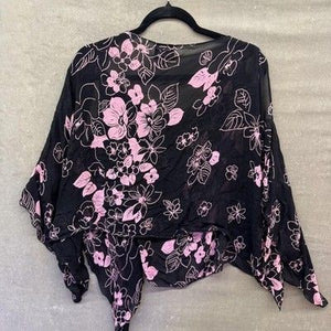 Angie Blouse Womens One Size Black Pink Floral Sheer Handkerchief Boho Flow Top 4
