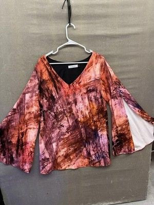 Askari Blouse Womens Large Pink Brown Abstract Flare Sleeve V Neck Pre-Owned 3