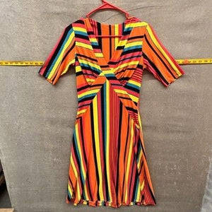 Rainbow Stripe Wrap Dress Womens XS Multicolor Fit Flare V Neck Pre-Owned Excell 2