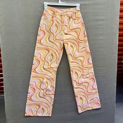 Shein Jeans Womens Medium 8 Orange Pink Yellow Swirl Print High Rise Flare Retro