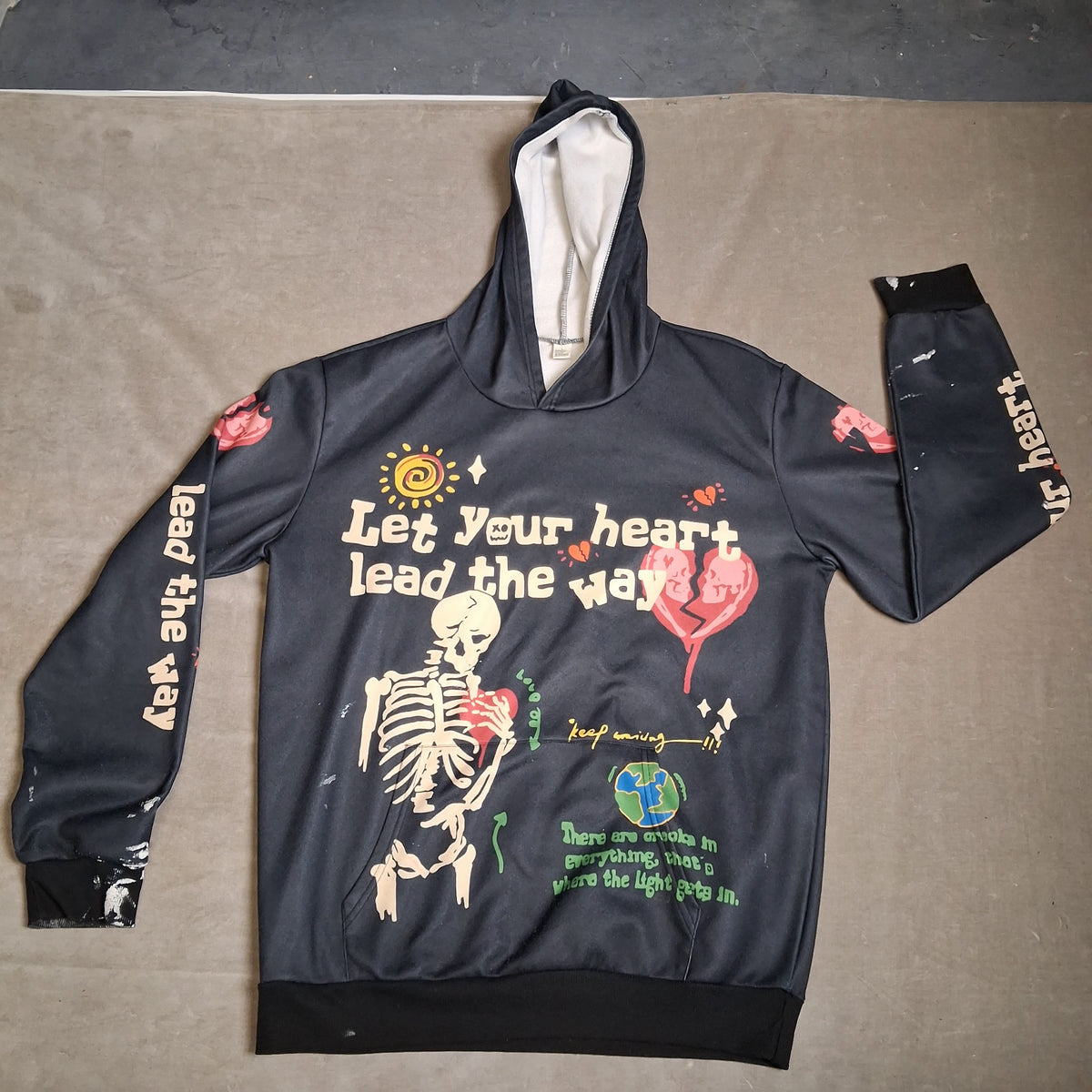 Skeleton Graphic Let Your Heart Lead The Way Black Hoodie Size L