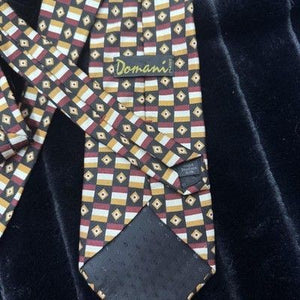 Domani Tie Mens One Size Burgundy Gold Geometric Checkered Silk Necktie Pattern 3