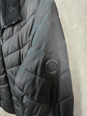 Nautica Men's Black Quilted Puffer Jacket Faux Fur Hood Water Resistant L 5
