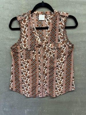 Siren Lily Womens Petite Small Brown White Sleeveless Button Up Boho Top Pre-Own