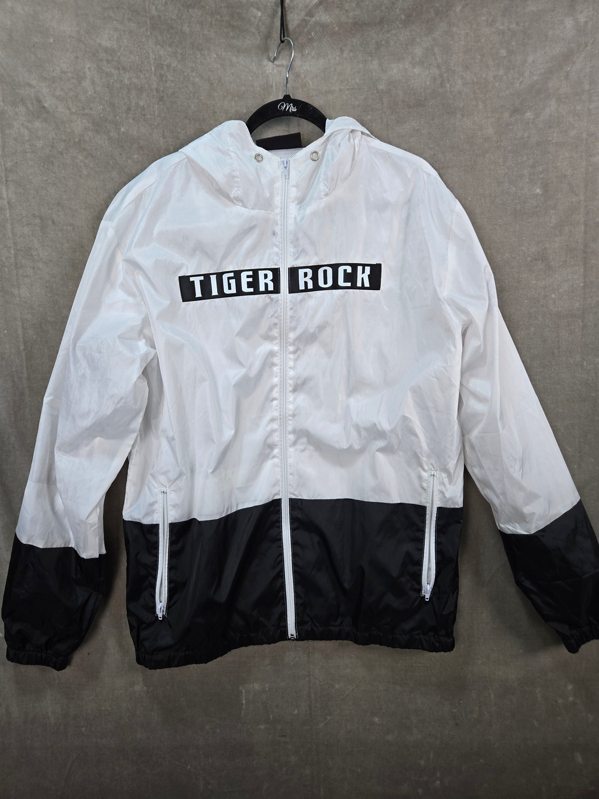 Tiger-Rock Men's White Black Colorblock Hooded Windbreaker Jacket Size XL