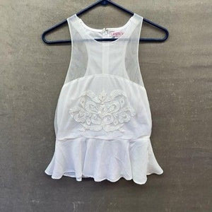 Womens Peplum Tank Top White Embroidered Mesh Sheer Blouse Large Pre-Owned Excel 3