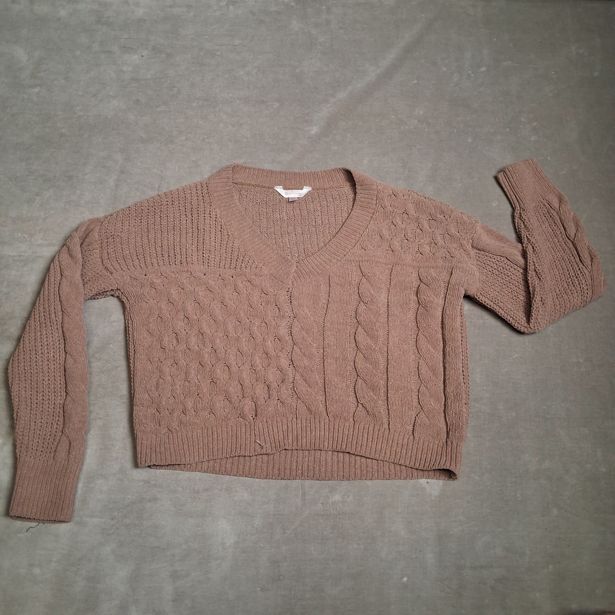 NO BOUNDARIES Sweater Women Brown Cable Knit V Neck Pullover Size L Pre-Owned