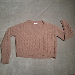 NO BOUNDARIES Sweater Women Brown Cable Knit V Neck Pullover Size L Pre-Owned 1
