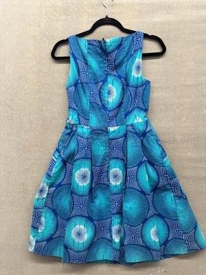 Zachary's Smile White Label Dress Womens 6 Blue Teal Geometric Pockets Fit Flare 2