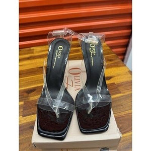 Liliana Heels Womens Size 7.5 Strappy Stilettos Square Black Gold Sexy High 4" 5