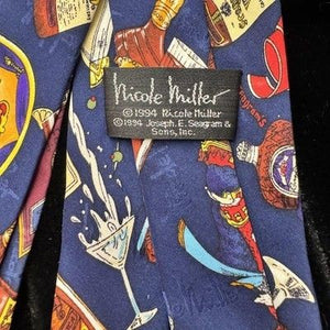Vintage Nicole Miller Tie Mens Silk Blue Liquor Bottles Cocktails Barware 90s 3