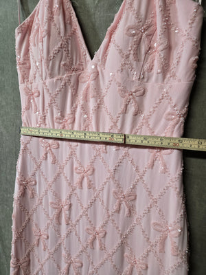 Windsor Pink Beaded Bow Maxi Dress V-Neck Tie Back Prom Formal Gown Sequin 5
