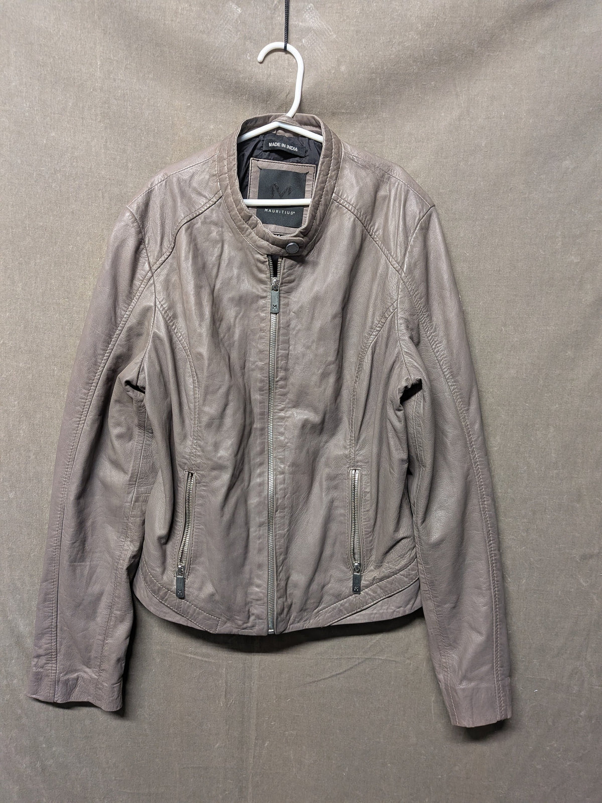 Mauritius Women Leather Moto Jacket Gray Size M Good Condition Zip Pockets