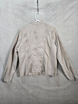 Mo-Ka Santa Fe Apparel Women's Tan Faux Suede Moto Jacket Collarless Zip Size L 3