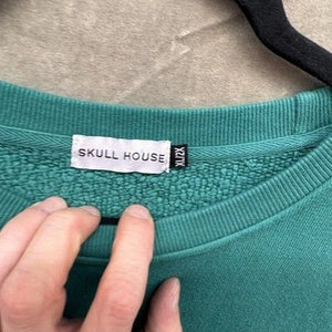 Skull House Sweatshirt Womens XL 2XL Green Crewneck Chenille Fleece Pre-Owned Ex 2
