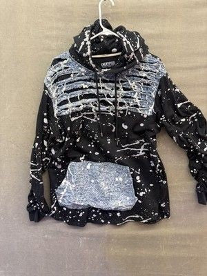 Encrypted Hoodie Mens XL Distressed Bleach Splatter Ripped Denim Patch Pullover 3
