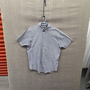 Van Heusen Shirt Mens Medium Blue Brown Plaid Button Up Classic Fit Short Sleeve 1