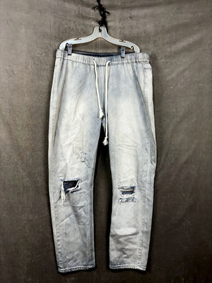 Easel Light Wash Ripped Denim Jeans, Elastic & Drawstring Waist - Size M 1