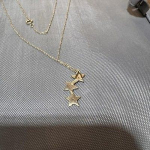 10K Yellow Solid Gold Triple Star 3/4" Pendant With 18" 10K Chain 3