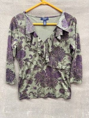 Chaps Shirt Womens Large Green Purple Paisley Ruffle V Neck 3/4 Sleeve Boho Top 1