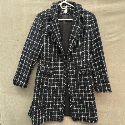 Womens Tweed Fringe Coat Medium Black White Pre-Owned Excellent Condition