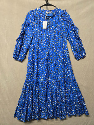 Ulla Johnson Cobalt Blue Floral Tiered Midi Dress Ruffle Tie Neck Size 4 NWT 1