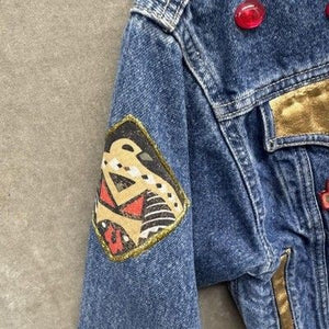 Vintage Levis Jacket Kids Small Blue Denim Custom Western Embroidery Gold 90s 4