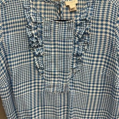 J Crew Womens Shirt Blue White Houndstooth Long Sleeve Ruffle Blouse Pre-Owned E