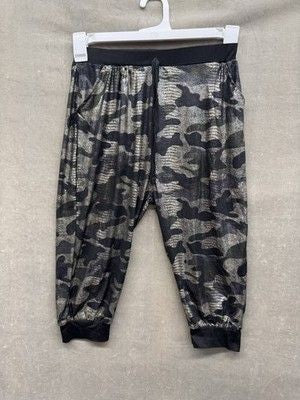 Camo Cropped Jogger Pants Womens Medium Black Silver Camouflage Metallic Stretch