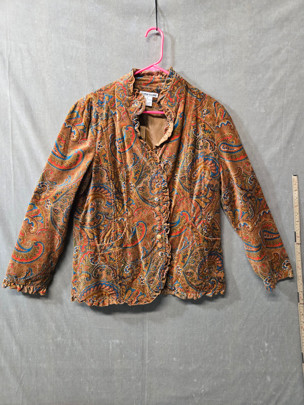 Katie Todd Women's Paisley Velvet Jacket Ruffle Collar Boho Vintage Look Size XL