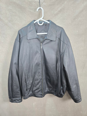Men's Black Faux Leather Zip Bomber Jacket Collared Elastic Hem Size XL 1