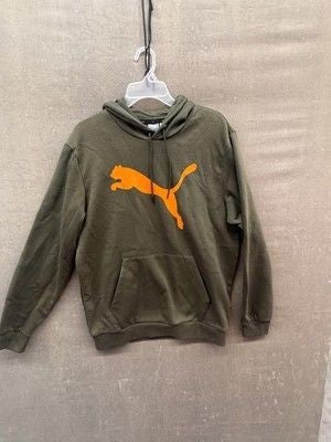 PUMA Hoodie Sweatshirt Mens Medium Olive Green Orange Logo Pullover Fleece Lined 1