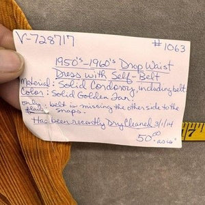 Vintage Corduroy Drop Waist Dress Womens Medium Golden Tan Self Belt 50s 60s 5