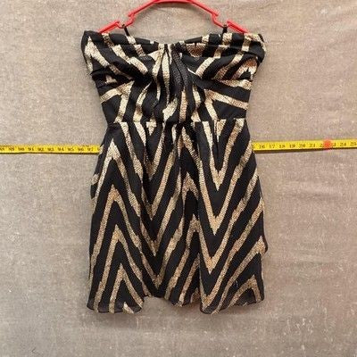 Aryn K Dress Womens Medium Black Gold Strapless Mini Cocktail Metallic Chevron P