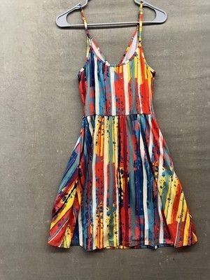 Styleword Dress Womens Medium Red Blue Yellow Striped Fit Flare Pockets Summer 2