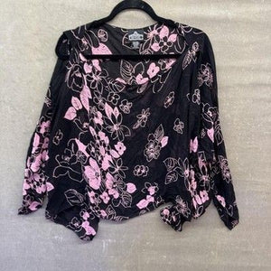 Angie Blouse Womens One Size Black Pink Floral Sheer Handkerchief Boho Flow Top 1