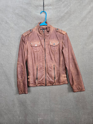 Lord & Taylor Women's Brown Faux Leather Moto Jacket Zip Pockets Size 2 1