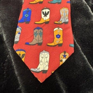 Vicky Davis Tie Mens Cowboy Boots Red Silk Novelty Western Print Pre-Owned Good 3