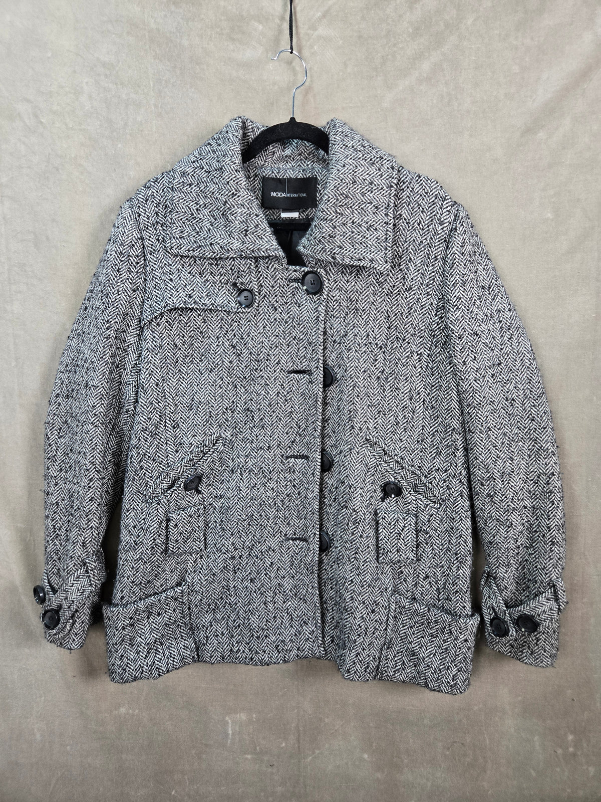 MODA INTERNATIONAL Women's Black White Herringbone Tweed Pea Coat Jacket Short L
