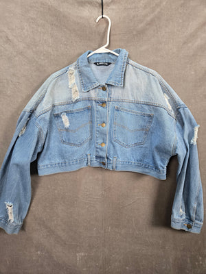 R AREGAL Women's Light Wash Distressed Cropped Denim Jacket Size L 1