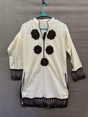 Boho Tunic Womens Large White Brown Crochet Eyelet Embroidered Top Ethnic Kurti 1