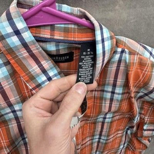 Van Heusen Shirt Mens Medium Orange Blue Plaid Button Down Short Sleeve Casual 2
