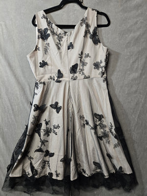 Women's Butterfly Embroidered Lace Fit Flare Dress Beige Black 50s Swing 2XL 4