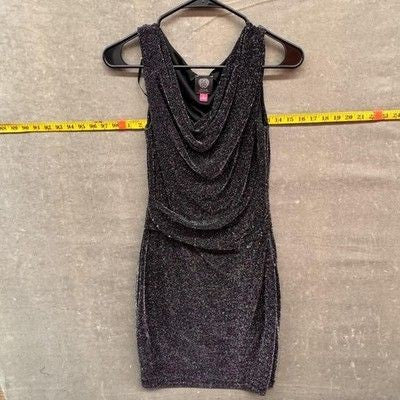 Vince Camuto Dress Womens 6 Black Metallic Cowl Neck Mini Cocktail Pre-Owned Exc