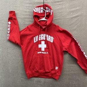 Lifeguard Hoodie Mens Large Red Pullover Miami Beach FL Fleece Sweatshirt Print 1